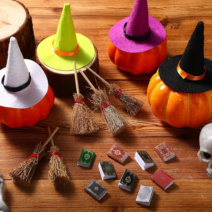 36 Pieces Mini Halloween Decorations 12 Mini Felt Witch Hats 12 Small Brooms 12 - Image 5