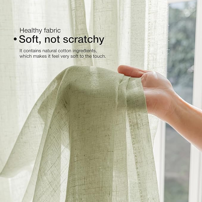 Anmao Natural Linen Curtains for Living Room 80 Inch Length 2 Panels Set, Light Filtering Semi Sheer Window Curtain Drapes for Bedroom with Curtain Rings and Clips, 52Wx120L, Sage Green
