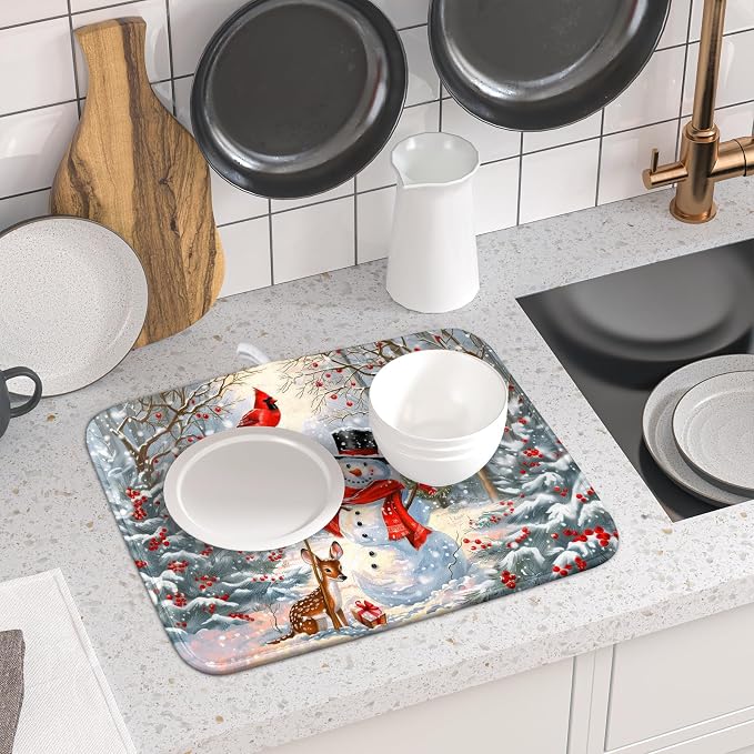 Winter Snowman Dish Drying Mat for Kitchen Counter Red Bird Berry Dishes - Image 6
