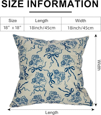 Vintage Blue Flower Pillow Cover 18x 18 Set of 2, Chinoiserie Floral Bow Decorative Linen Pillow Cushion Case,Modern Home Decor for Outdoor Couch Bedroom Car