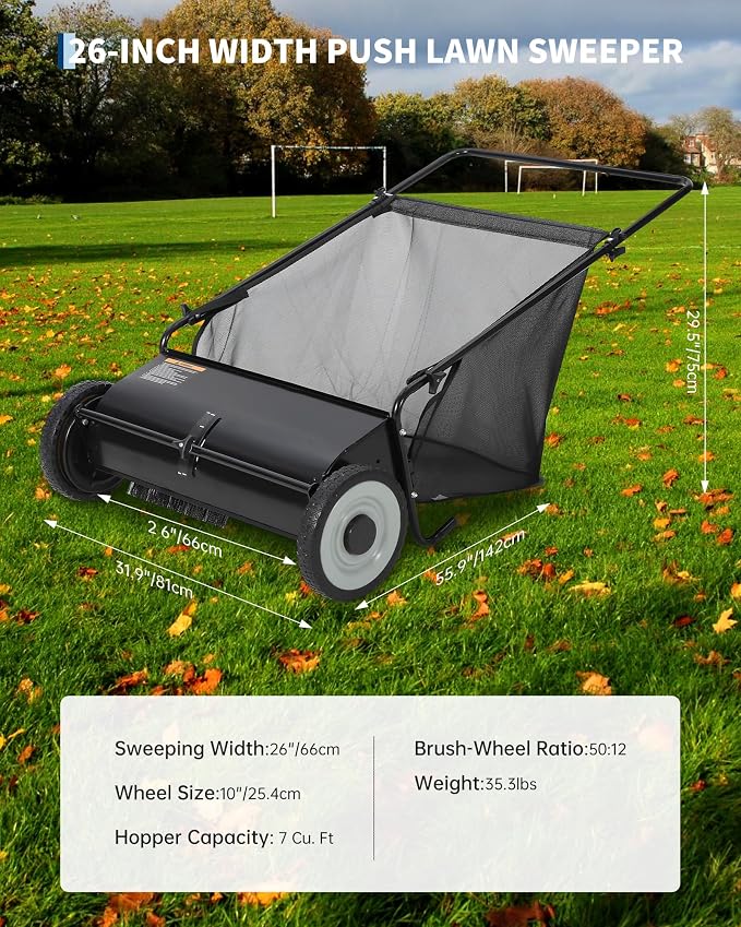 26-Inch Push Lawn Sweeper, 7 Cu. Ft. Hopper Capacity Leaf & Grass Collector - Image 3