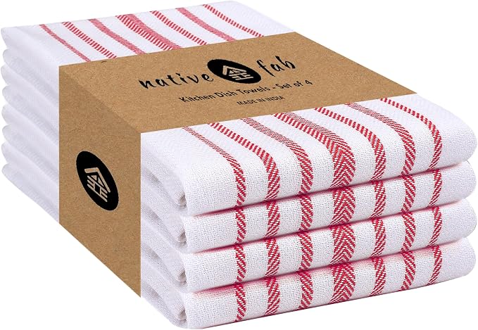 Native Fab 100% Cotton Red Kitchen Dish Towels Set of 4 Scandia Stripe 16"x26" by NativeFab