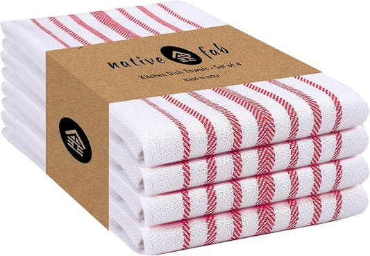 Native Fab 100% Cotton Red Kitchen Dish Towels Set of 4 Scandia Stripe 16"x26" by NativeFab