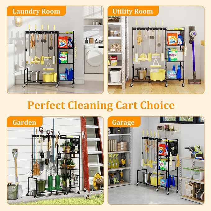 46" H Broom Holder with Cleaning Supplies Organizer, Mop Rack Storage with - Image 7
