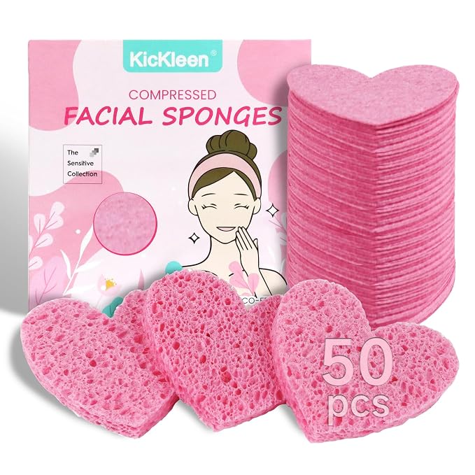 50-Count Kickleen Compressed Cellulose Heart Shape Facial Sponges | Natural by KICKLEEN