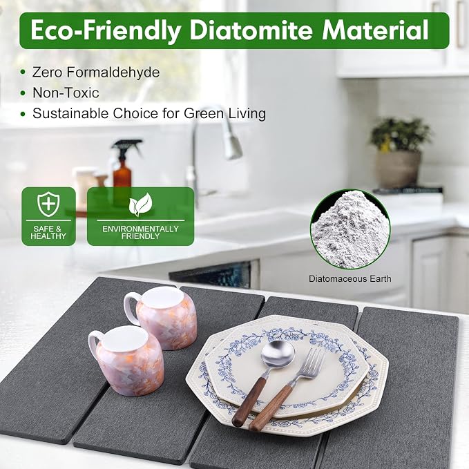 Stone Dish Drying Mat for Kitchen Counter, Foldable Diatomaceous Earth Large - Image 2
