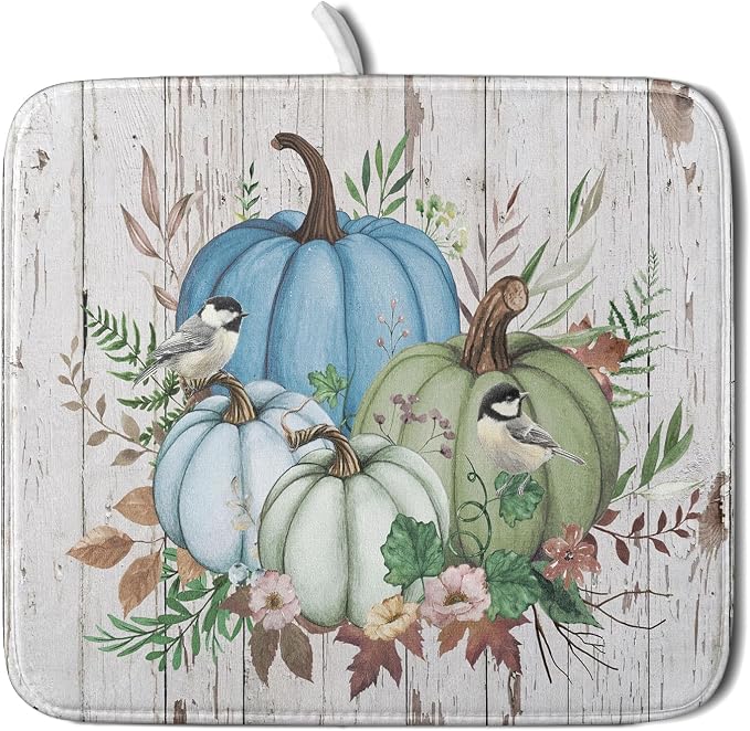 Fall Blue Pumpkin Dish Drying Mat 16x18 inch Autumn Harvest Dish Rack Mats by Giwawa