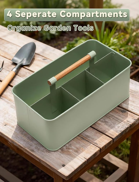 Garden Tool Organizer with Wooden Handle, Metal Garden Caddy with 4 Compartments - Image 2