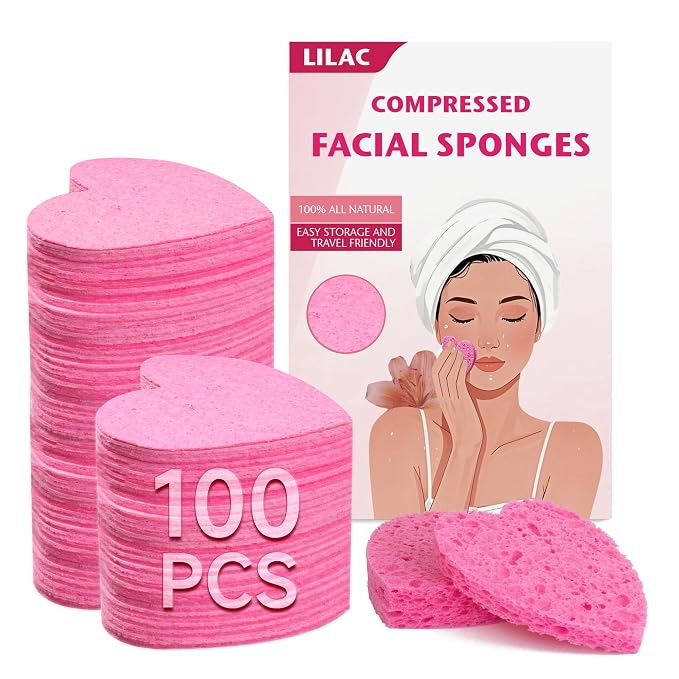 100 Count Compressed Pink Heart Facial Sponges 100% Natural Cellulose by LILAC