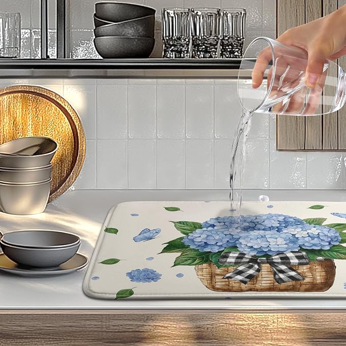 Spring Hydrangea Dish Drying Mats Spring Summer Floral Dish Mat Blue Flowers - Image 5