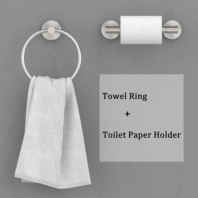 Brushed Toilet Paper Holder & Towel Ring SUS304 Stainless Steel 2pc Bathroom - Image 2