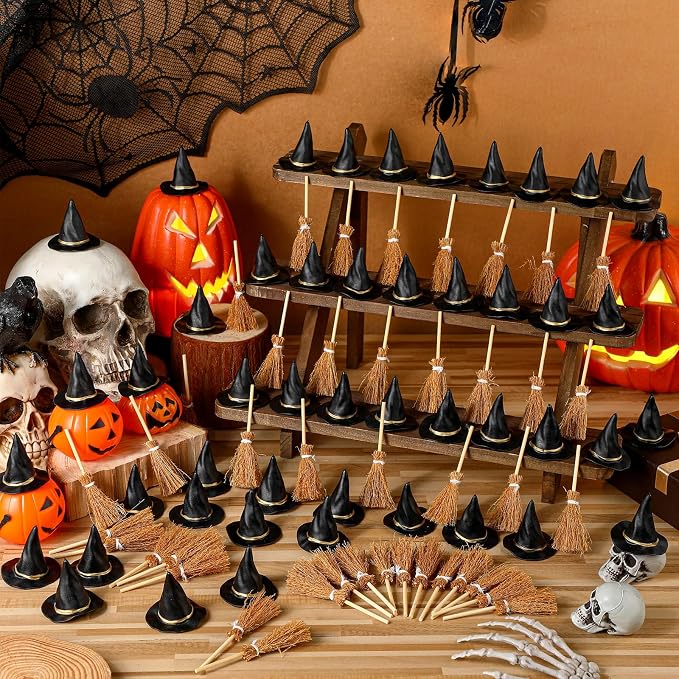 48 Pcs Mini Witch Hats and Broom - Image 2