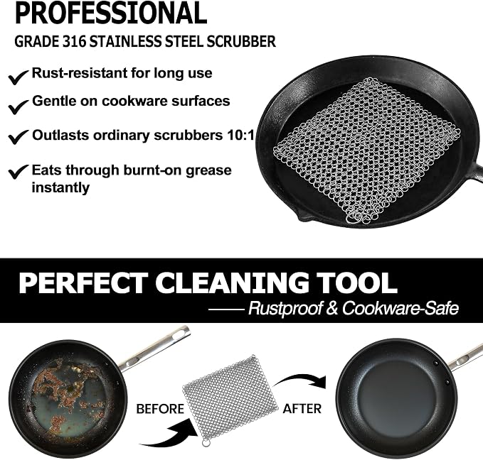 Cast Iron Scrubber 316 Stainless Steel Skillet Cleaner 8"x6" Chainmail Scrubber - Image 3