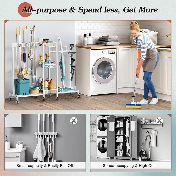 Broom Holder with Cleaning Supplies Organizer, Broom Closet Storage Cabinet - Image 6