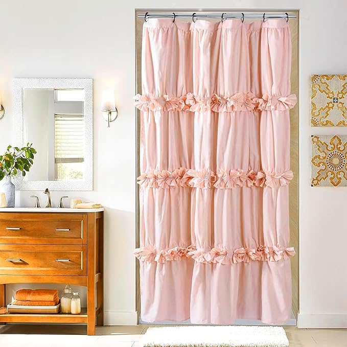 Peach Small Stall Ruffle Shower Curtain 36" W x 72" H, Vintage Handcrafted Bow by Homechoice+Decor