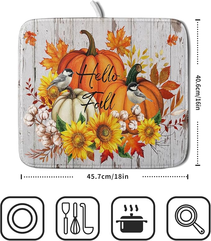 Hello Fall Dish Drying Mat for Kitchen Counter 16x18 Inch Orange Pumpkin - Image 2