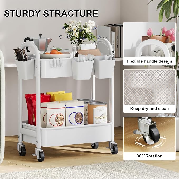 2 Tier Rolling Cart Metal with Wheels, Two Tiered Short Shelf Trolley, Small - Image 5