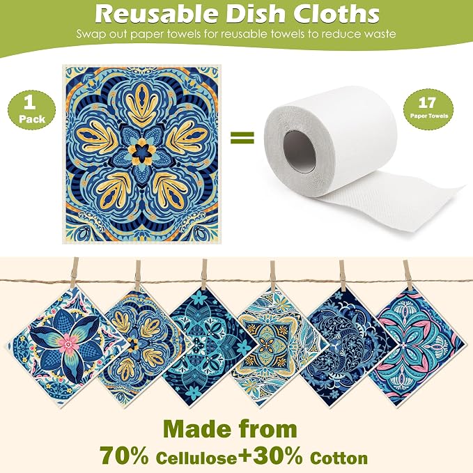 6 Packs Swedish Paper Cloths for Kitchen, Reusable Paper Towels Washable Dish - Image 3