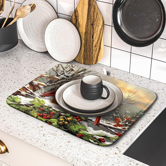 Winter Dish Drying Mat for Kitchen Counter 16x18 Inch Red Birds Cardinal Tree - Image 5