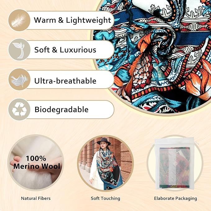 DANA XU 100% Merino Wool Pashmina Shawl for Women 96"x43", Oversized Cashmere Wrap with Tassels, Floral Travel Blanket Cape