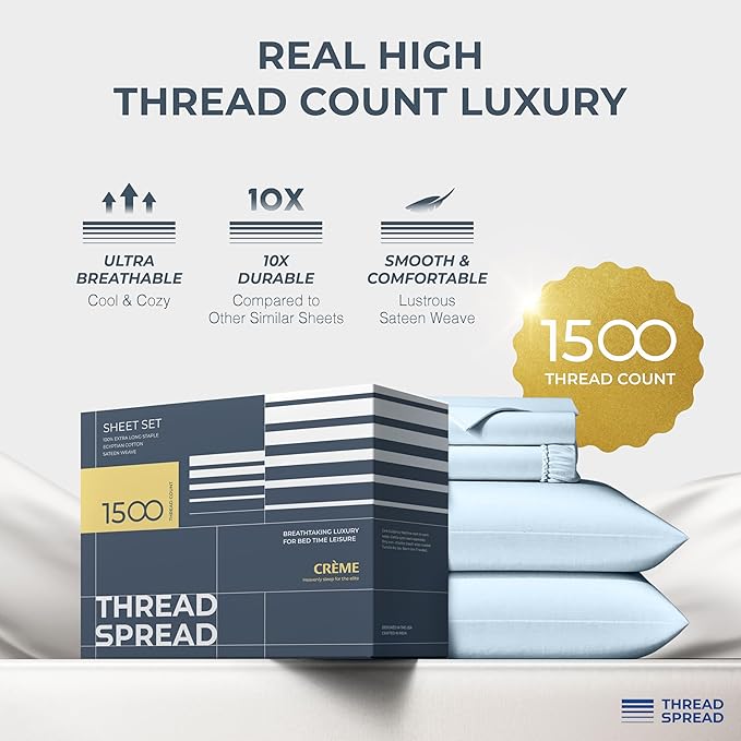 THREAD SPREAD 100% Egyptian Cotton Sheets Queen Size - 1500 Thread Count 4 PC Queen Sheet Set Egyptian Cotton, Sateen Luxury Sheets Queen Size, High Thread Count Sheets, 17" Deep Pocket - Light Blue
