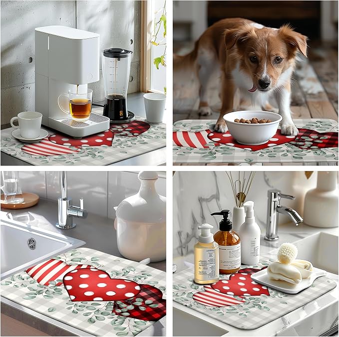 Valentines Day Dish Drying Mat Valentine Buffalo Plaid Eucalyptus Hearts Dishes - Image 7