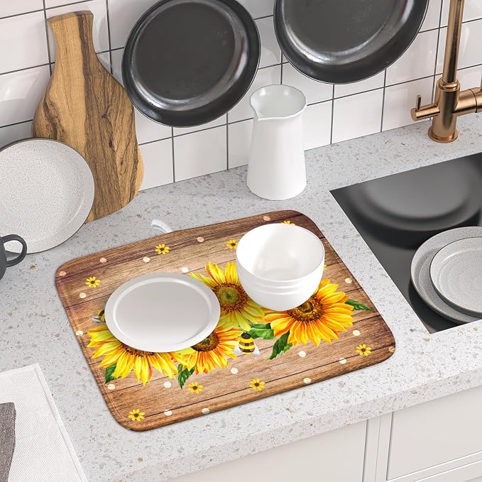 Sunflower Bee Dish Drying Mat for Kitchen Counter Home 16x18 Inch Wood Barn - Image 6