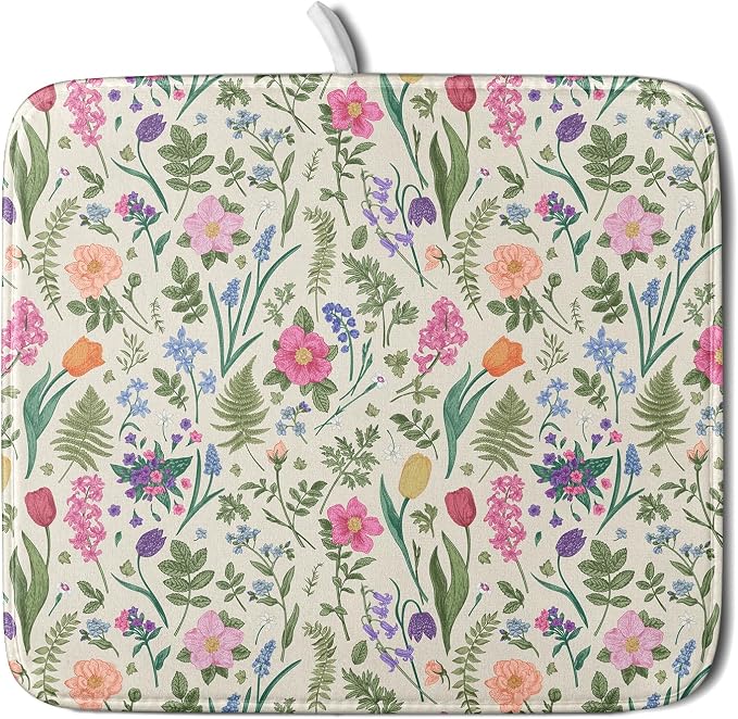 Spring Floral Dish Drying Mat for Kitchen Counter 16x18 Pink Sage Green Flower by Aytipun