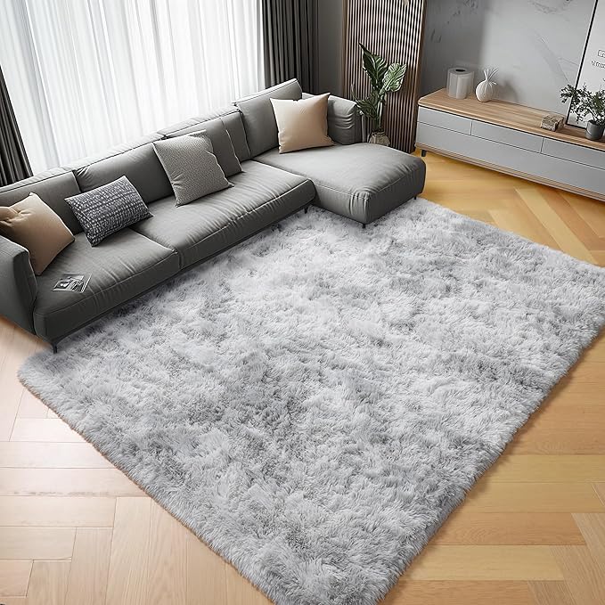 ONASAR Rugs for Living Room Bedroom, 5x8 Washable Fluffy Tie-Dyed Light Grey Bedside Area Rug, Soft Plush Shaggy Floor Carpet for Nursery Kids Girls Boys Teen Dorm Home Office Decor Aesthetic