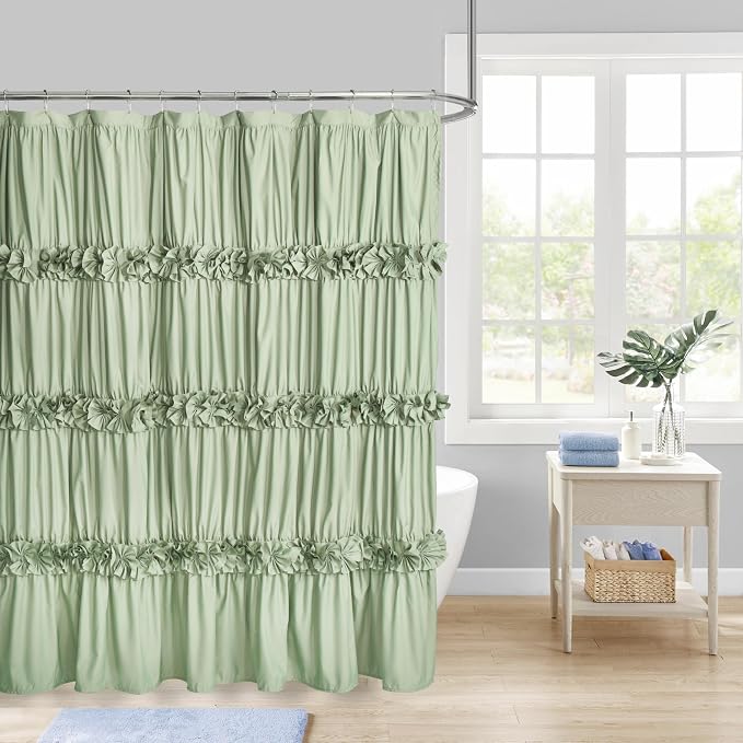 Sage Ruffle Shower Curtain, Vintage Handcrafted Bow Tie Bath Curtain by Homechoice+Decor