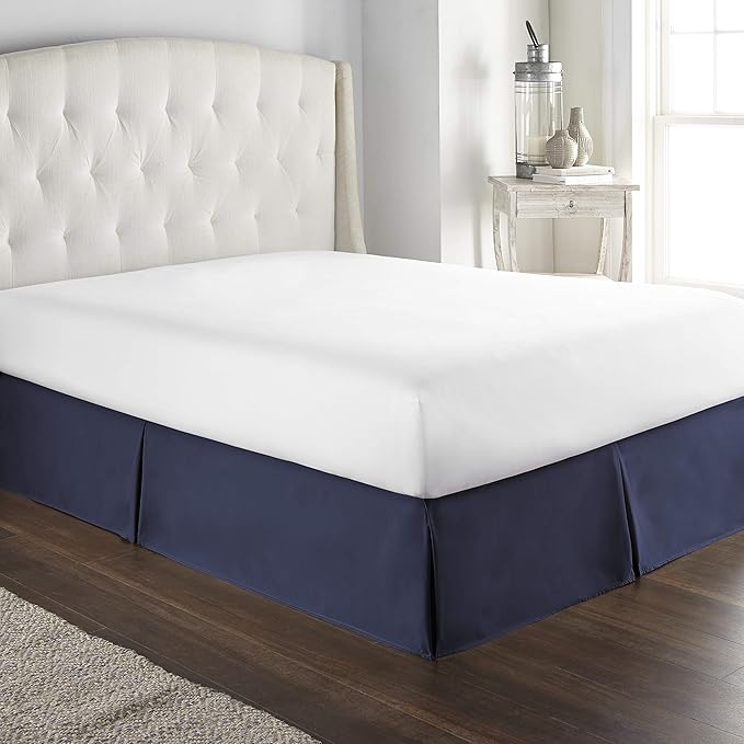 Bed Skirt - 100% Cotton 800 Thread Count Box Pleated Bed Skirt - Luxury Pleated Dust Ruffle, Hotel Quality Modern Bed Skirt, Easy Fit with 12 Inch Tailored Drop, King XL, Navy Blue