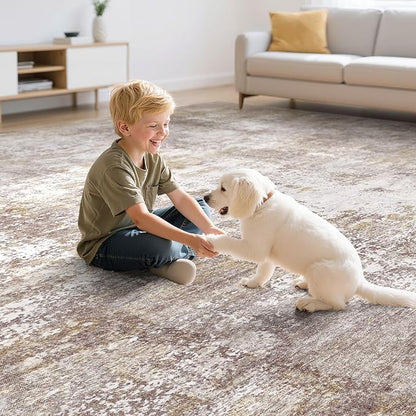 Washable 10X12 Area Rug: Modern Abstract Soft Non-Slip Indoor Rugs - Low Pile Stain Resistant Rug for Living Room Bedroom Dining Room Playroom Office(Golden Brown,10'x12')
