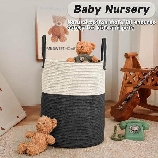 Large Woven Laundry Basket Hamper, 60L Cotton Rope Storage Bin - Image 2