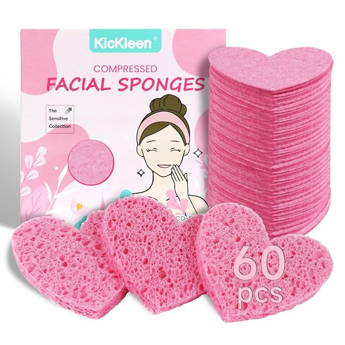 60-Count Kickleen Compressed Cellulose Heart Shape Facial Sponges | 100% by KICKLEEN