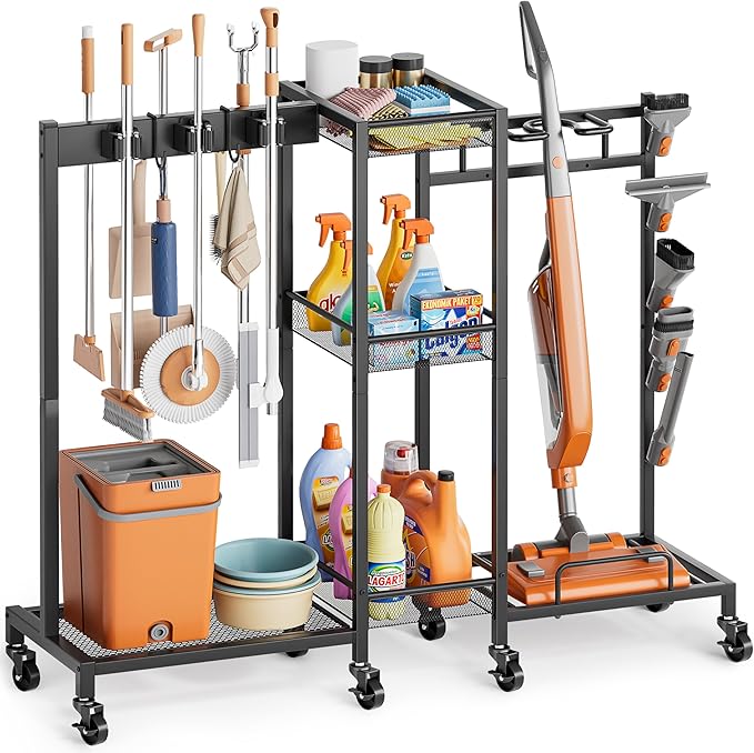 Broom Holder with Cleaning Supplies Organizer, Broom Closet Storage Cabinet by Olakee