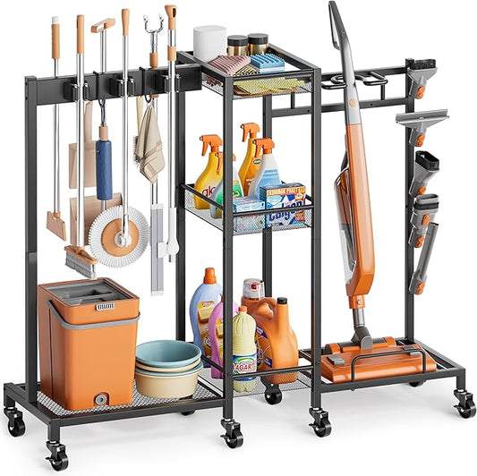 Broom Holder with Cleaning Supplies Organizer, Broom Closet Storage Cabinet by Olakee