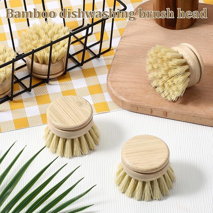 6 Pcs Bamboo Dish Brush Replacement Heads, 1.9 x 1.6 Inch Natural Sisal Bristle - Image 6