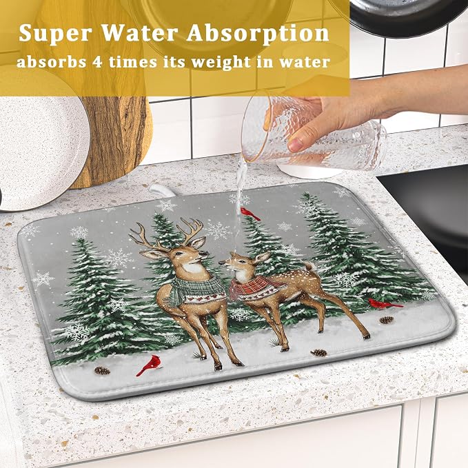 Winter Deer Dish Drying Mat Pine Tree Absorbent Dish Dry Pad Seasonal - Image 7