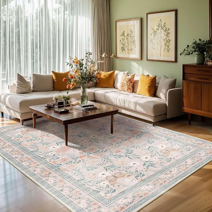 Pink Floral 5x7 Washable Area Rug, Vintage Boho Non Slip, Low Pile Rugs - Image 3