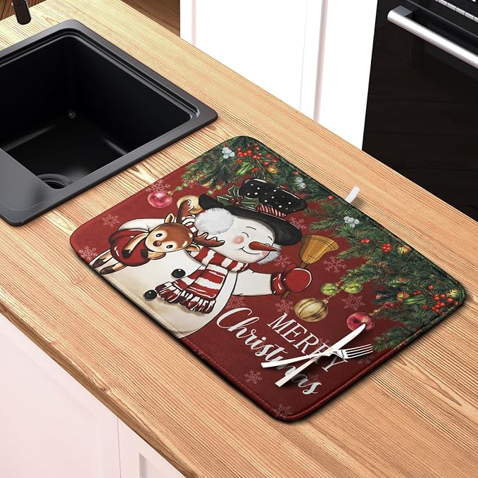 Christmas Dish Drying Mats for Kitchen Counter 16x18 Cute Snowman Red Dish - Image 6