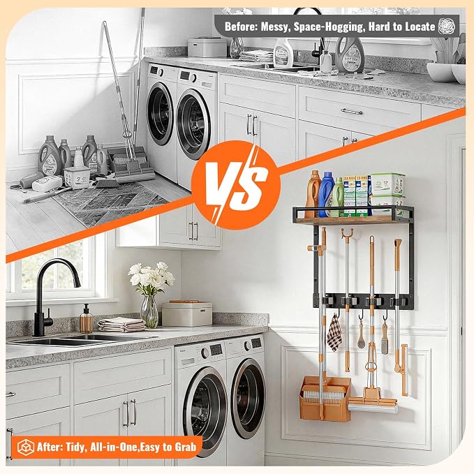 Broom Holder Wall Mount with Shelf Load 66LBS Broom and Mop Organizer Wall - Image 6