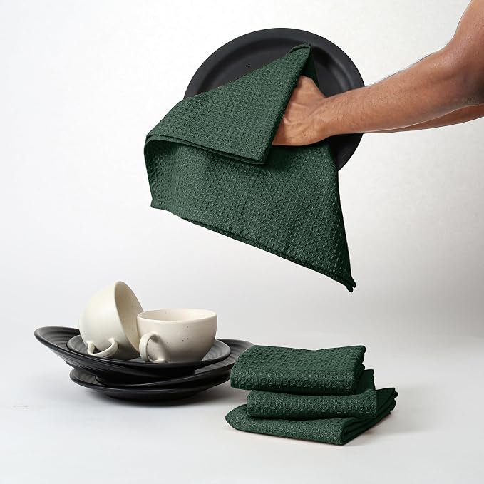 Olive Green Waffle Kitchen Towels, 100% Cotton, Fast Drying, Machine Washable - Image 7