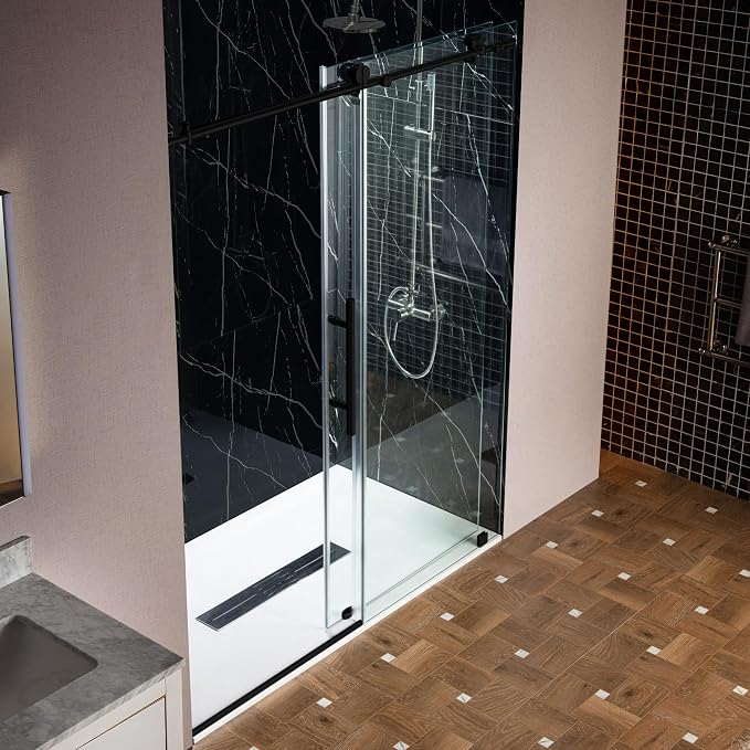 Woodbridge Frameless Single Sliding Shower Doors in Matte Black Finish - Image 15