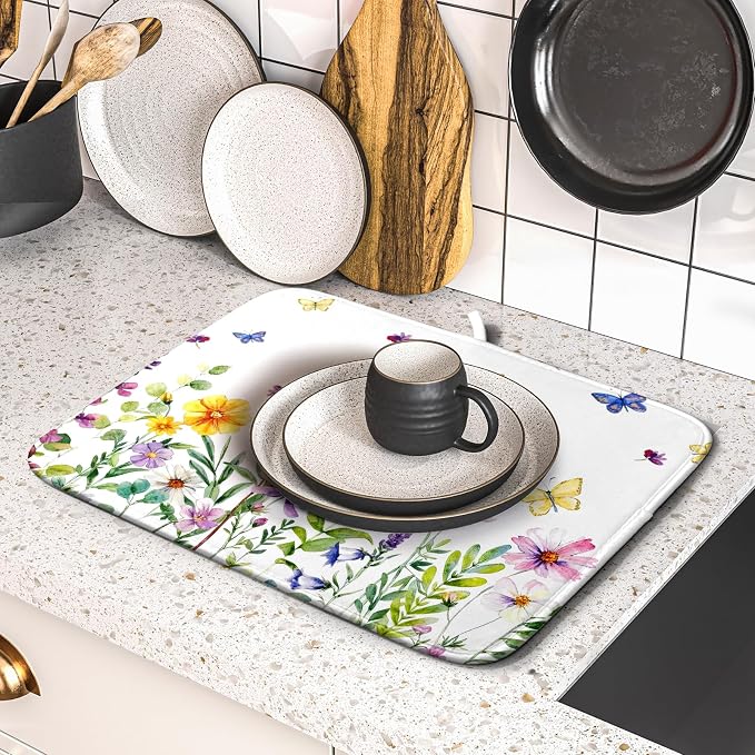 Wildflower Dish Drying Mat for Kitchen 18x16 Inch Colorful Floral Butterfly - Image 2