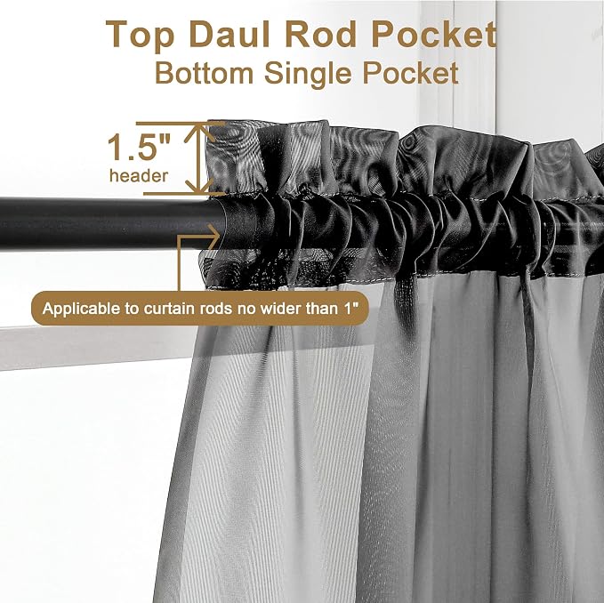 Chyhomenyc Sheer Black Curtains 90 inches Long 2 Panels, Light Filtering Soft - Image 2