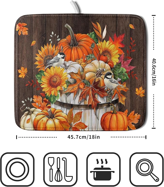 Fall Pumpkin Dish Drying Mat for Kitchen Counter Decor 16x18 Inch Halloween - Image 2