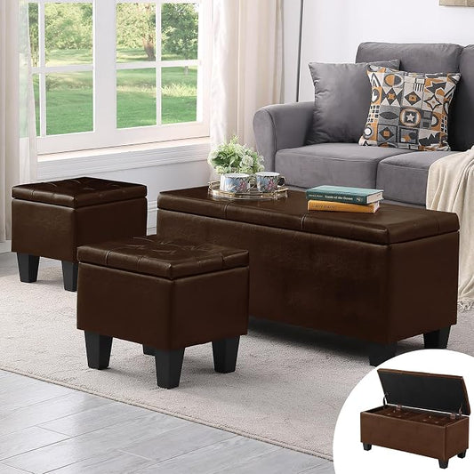 Ottoman with Storage Set of 3, Easy Open & Close w/Safety Hinges, Extra Seating by TASSULLO