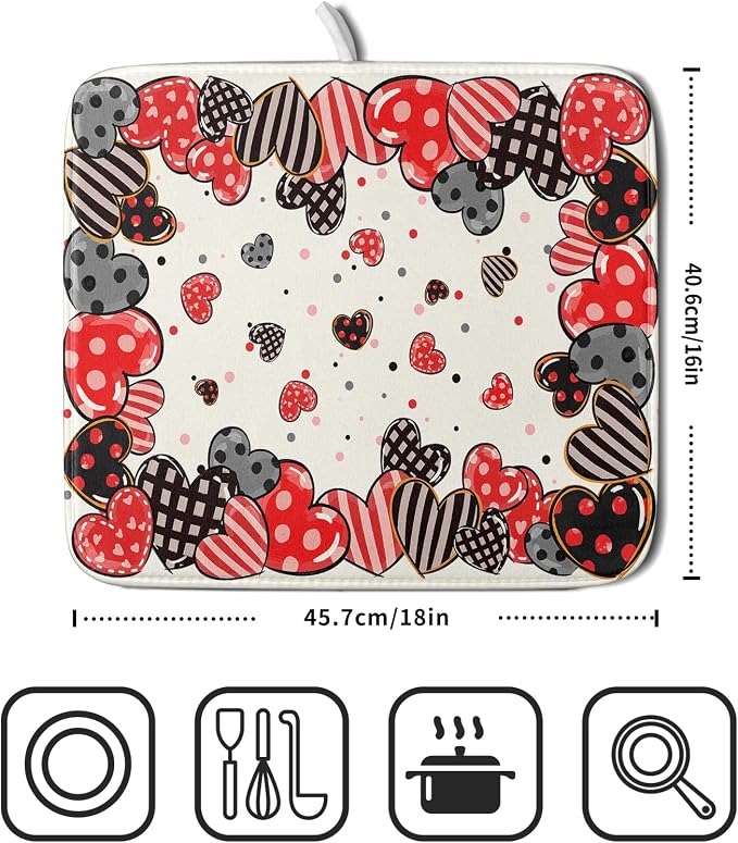 Red Heart Dish Drying Mat 16"x18" Love Dots Microfiber Dish Drainer Rack Mat - Image 2