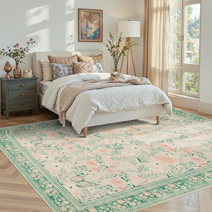 Green Floral Rug for Living Room Bedroom, 5x7 Washable Rug, Vintage Boho Area - Image 3