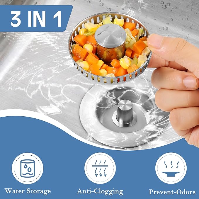 Kitchen Sink Drain Strainer 3 in 1, 304 Stainless Steel Pop Up Sink Stopper - Image 2